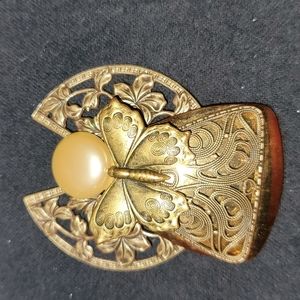 Angel Butterfly Pin Brooch Jane 1996 AOL Faux Pearl Antique Gold Metal Signed